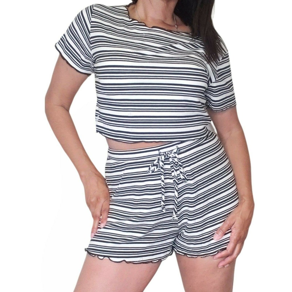 FREE PEOPLE Movement striped ribbed knit lounge pajamas shorts top set Sz M NEW - Picture 4 of 4